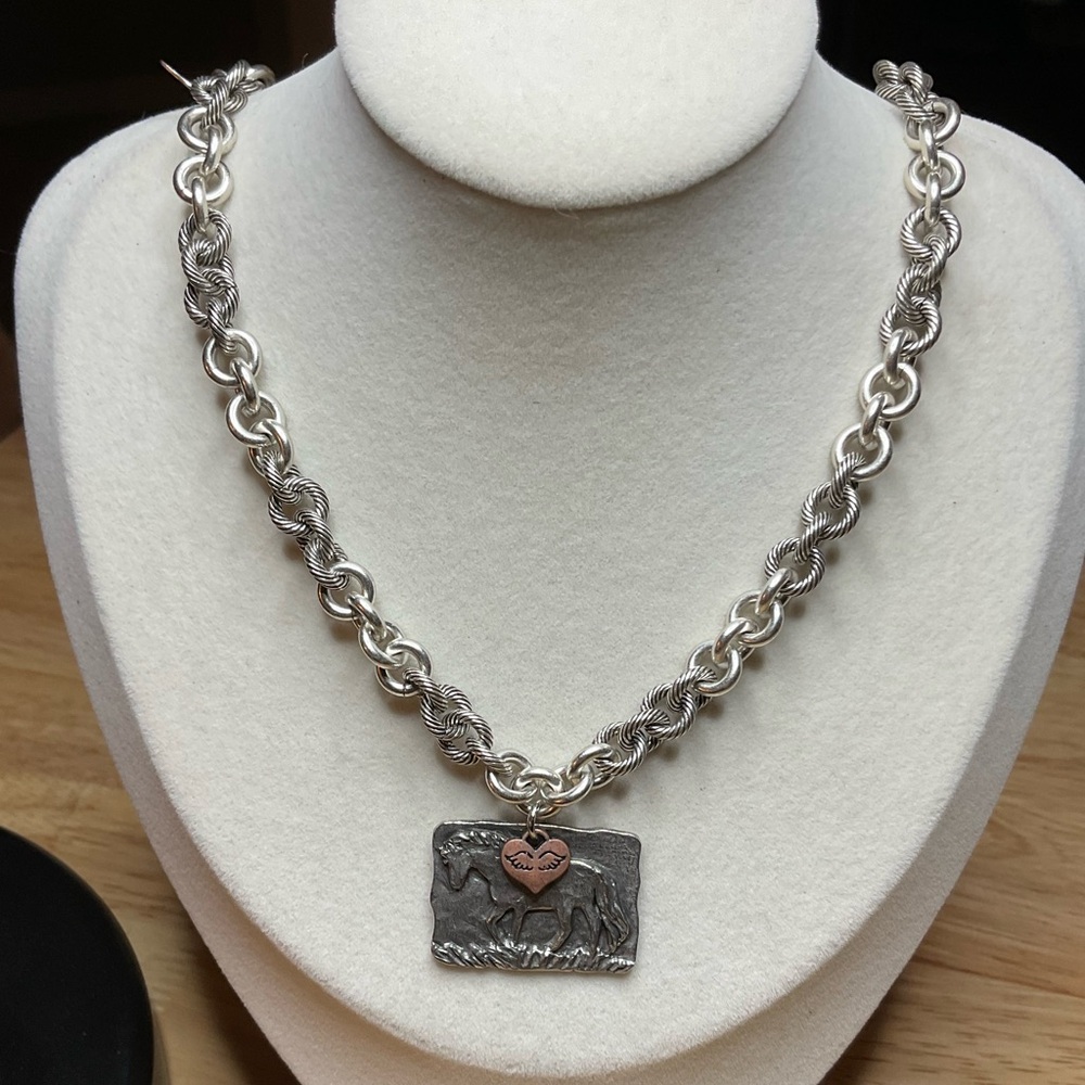 Antique Silver (Solid) Chain With Pewter Horse Ch… - image 1